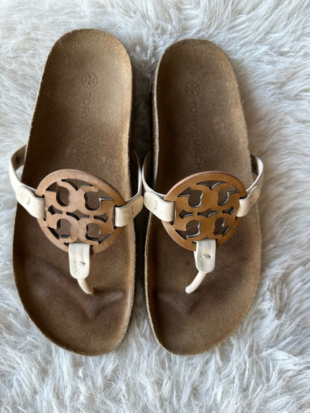 Tory Burch cloud miller leather cream Thong Sandals with Brown TT Medallions